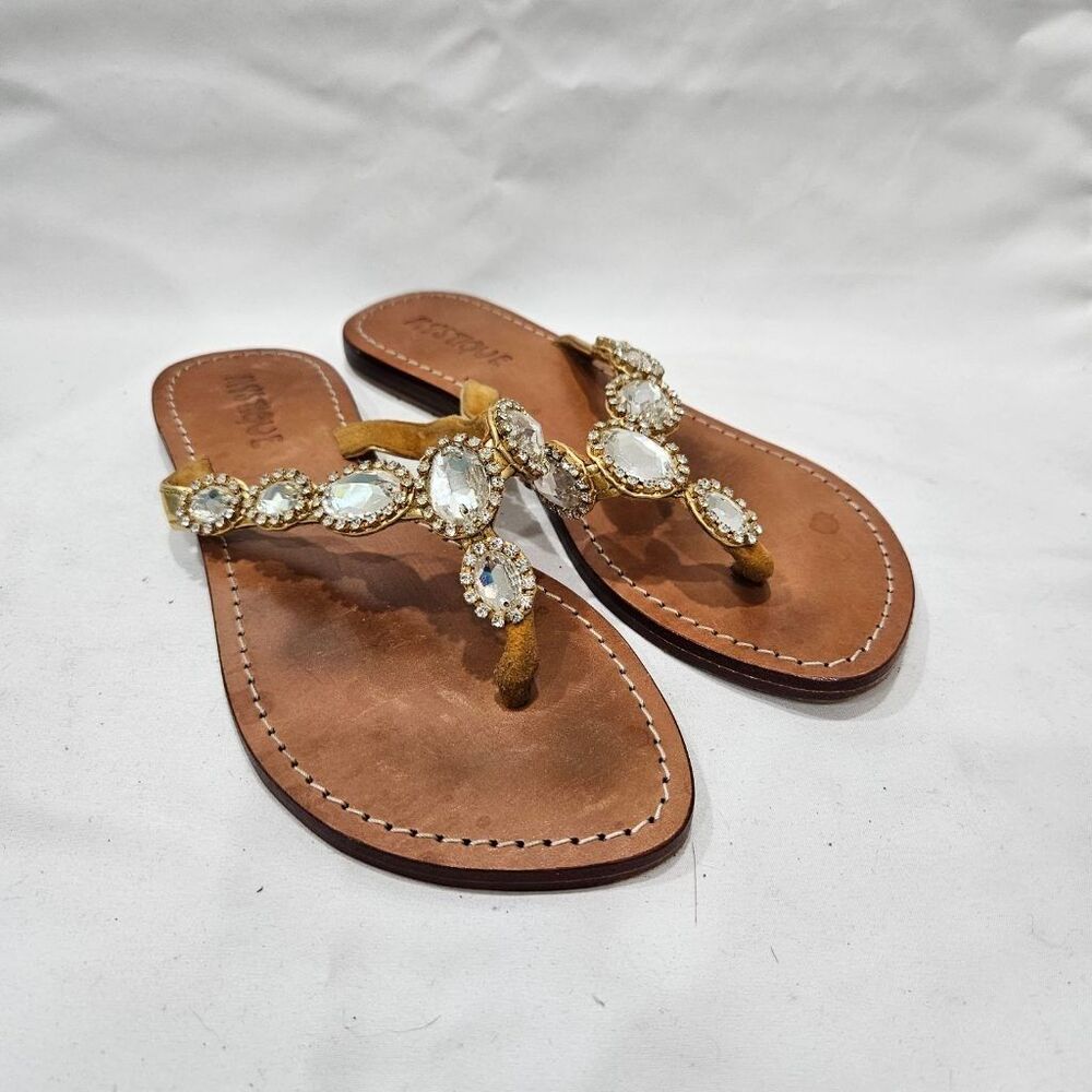 Mystique Gold Jeweled Leather Thong Sandals Womens Size 8 Crystal Flat Boho